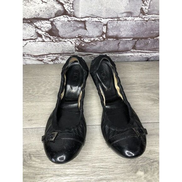 Tod's Black Leather Cap Toe Buckle Ballerina Ballet Flats Women's Sz 10M US/41EU - Picture 2 of 16